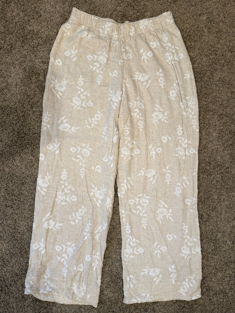 Pull-on Wide Leg Embroidered Lenin Blend Plants-Large LONG